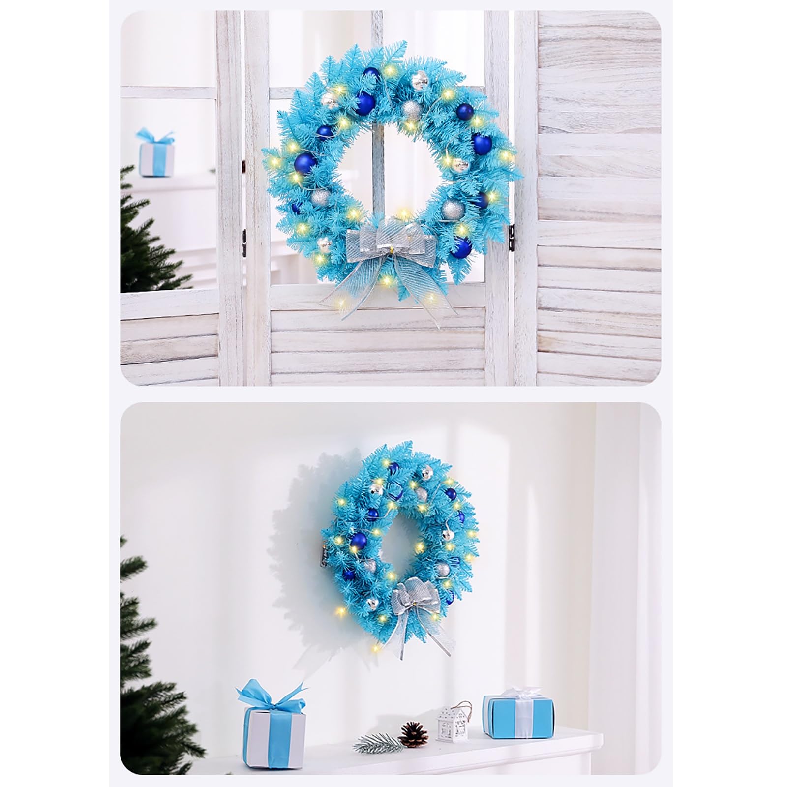 Blauer Weihnachtskranz, Adventskranz Künstlich mit Silbernen Kugeln und Silberner Schleife, für die Haustür, Winterkranz-Dekoration, Hauswand, Fenster, Kamin(60cm/23.6in)