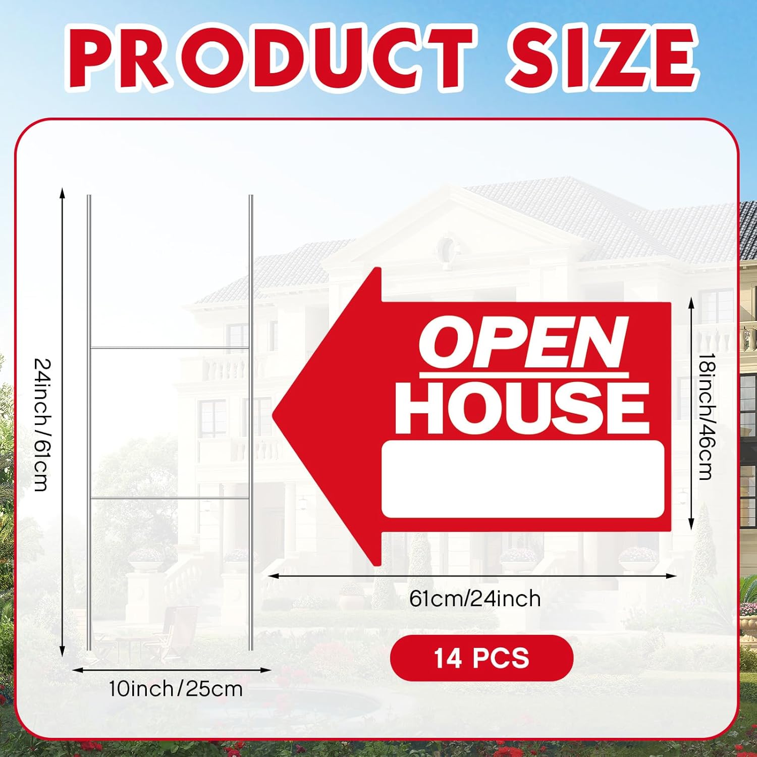 Juexica 14 Pcs Open House Signs for Real Estate 18 x 24 Inch Double Sided Arrow Shape Directional Signs Red and White Plastic Real Estate Sign Posts with H Stakes Yard Agent Supplies
