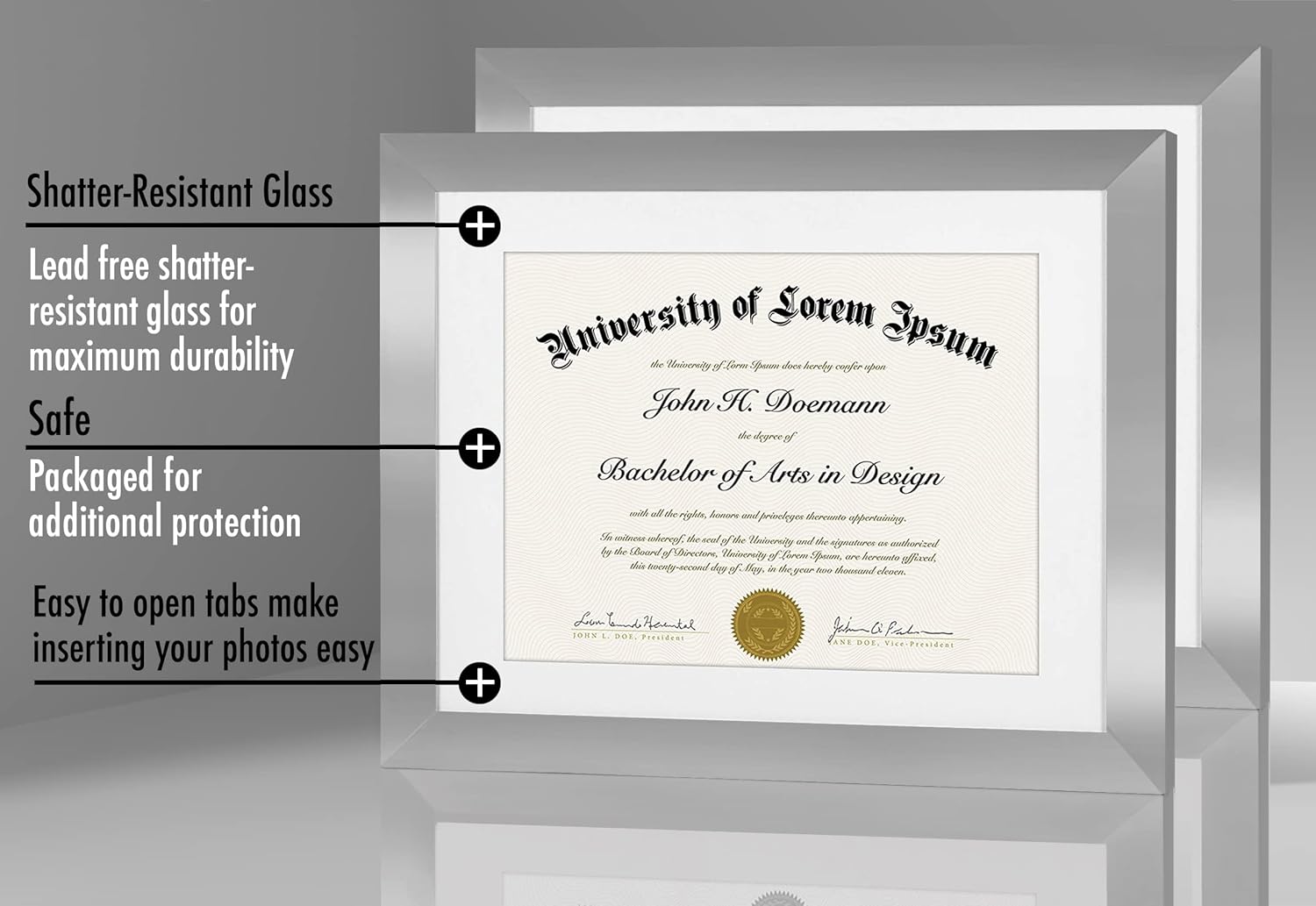 Americanflat 11x14 Diploma Frame with Shatter-Resistant Glass - Set of 2 - Use as 8.5x11 Frame with Mat or Display 11x14 Documents Without Mat - Certificate Frames with Engineered Wood - Silver