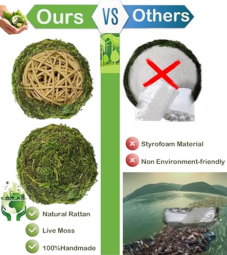 Miniatura 2 de Paquete de 21 bolas de musgo verde, 8 bolas decorativas de 3.2 pulgadas para llenar cuencos, 13 bolas de musgo falsas de 2.3 pulgadas para centro