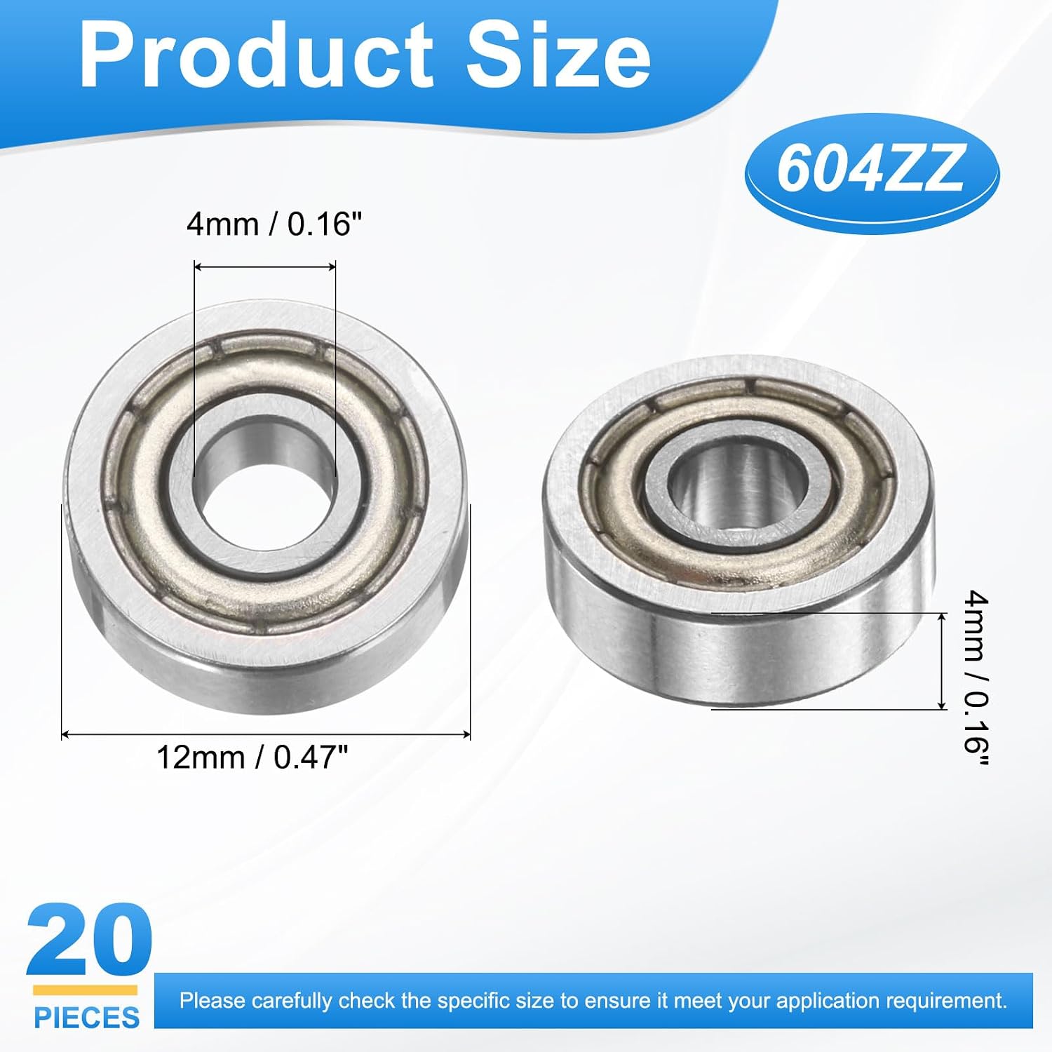 PATIKIL 604ZZ 4mm x 12mm x 4mm Deep Groove Ball Bearing, 20Pcs Double Metal Sealed Miniature Industrial Bearings for Electric Motor Industrial Machine Skateboard Roller Skate