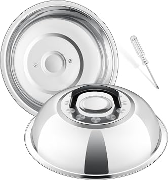 11.4 Inch Cheese Melting Dome, HaSteeL Round Stainless Steel Basting Steaming Cover, Metal Griddle Lid for Indoor & Outdoor Cooking Grilling, Non Toxic & Rust Free, Dishwasher Safe, Plus a Screwdriver