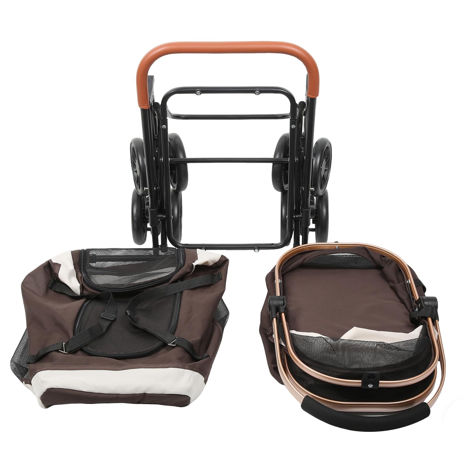 Faltbarer Transportwagen für zwei Tiere bis zu 15 kg pro Tier Transportbox Transporttasche Hundekäfig 4 stoßdämpfende Räder (Braun)