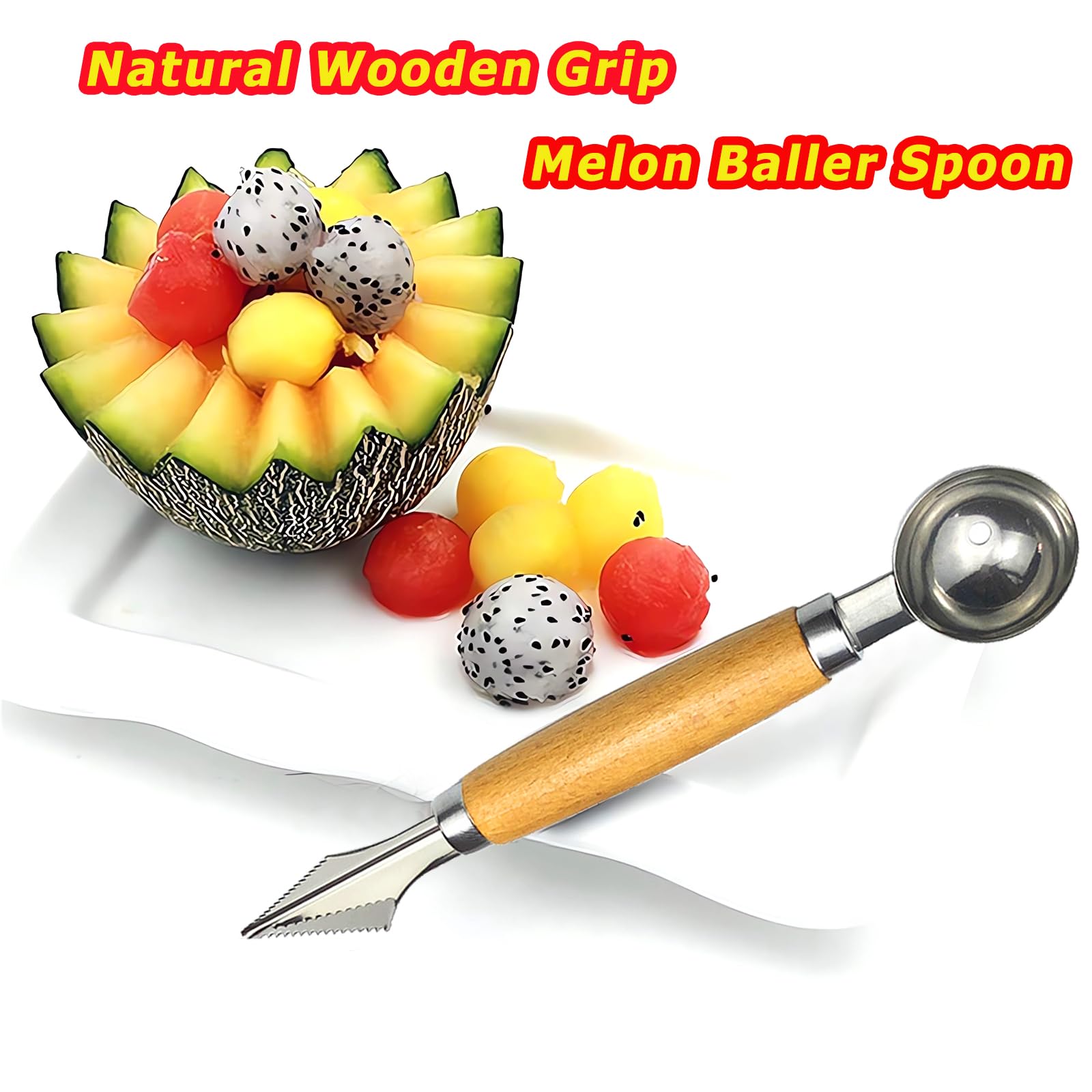 Juego de bolas de melón de acero inoxidable de doble extremo con mango de madera, herramientas de tallado de frutas, formas de cortador de frutas
