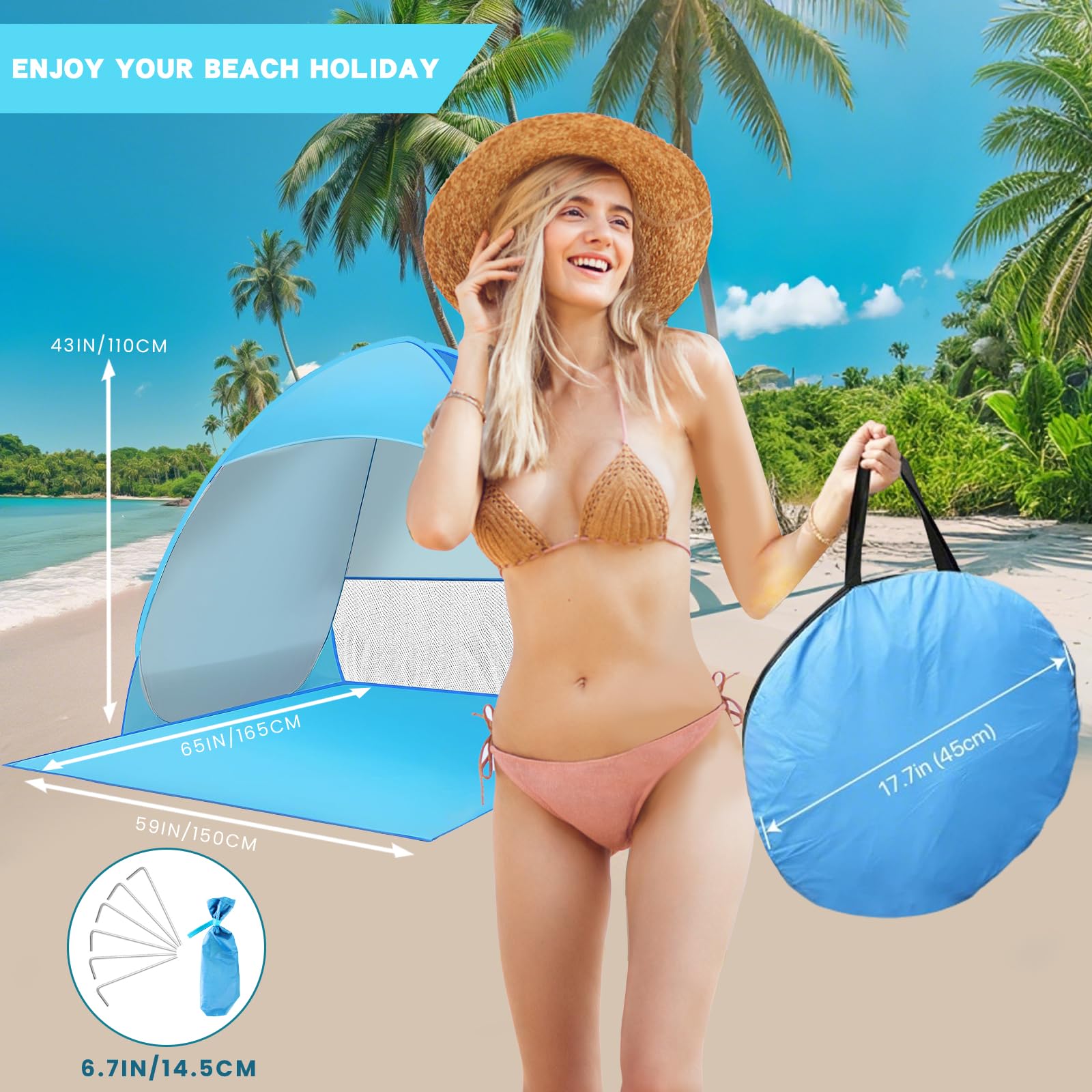 KIMIGO Tente De Plage Pop-up Automatique : Protection UV UPF 50+, Spacieuse Pour 2-3 Personnes, Facile à Transporter Avec Sac Et Piquets – Idéale Pour La Plage, Le Jardin Ou Le Camping