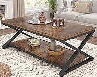 HSH 47" Rustic Brown Coffee Table with 2-Tier Storage - Industrial Metal Wood Farmhouse Living Room Center Table