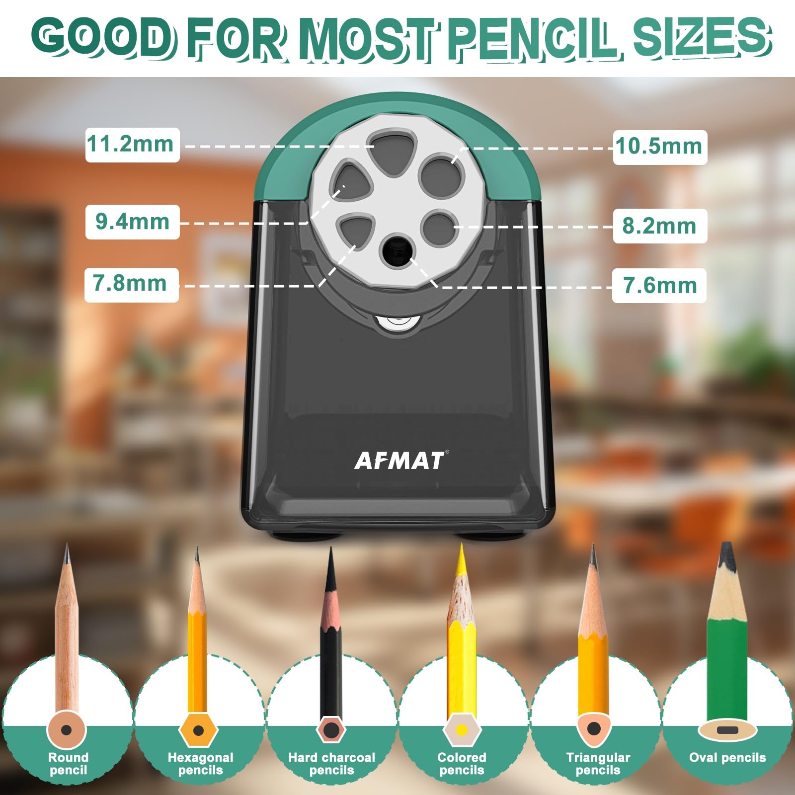 AFMAT PSX2 Robuster elektrischer Bleistiftspitzer, 6 Löcher, Klassenzimmer-Bleistiftspitzer für 6–11 mm Bleistifte, Auto-Stopp, super schnell, spart Bleistifte, Schullehrer, ein Muss für