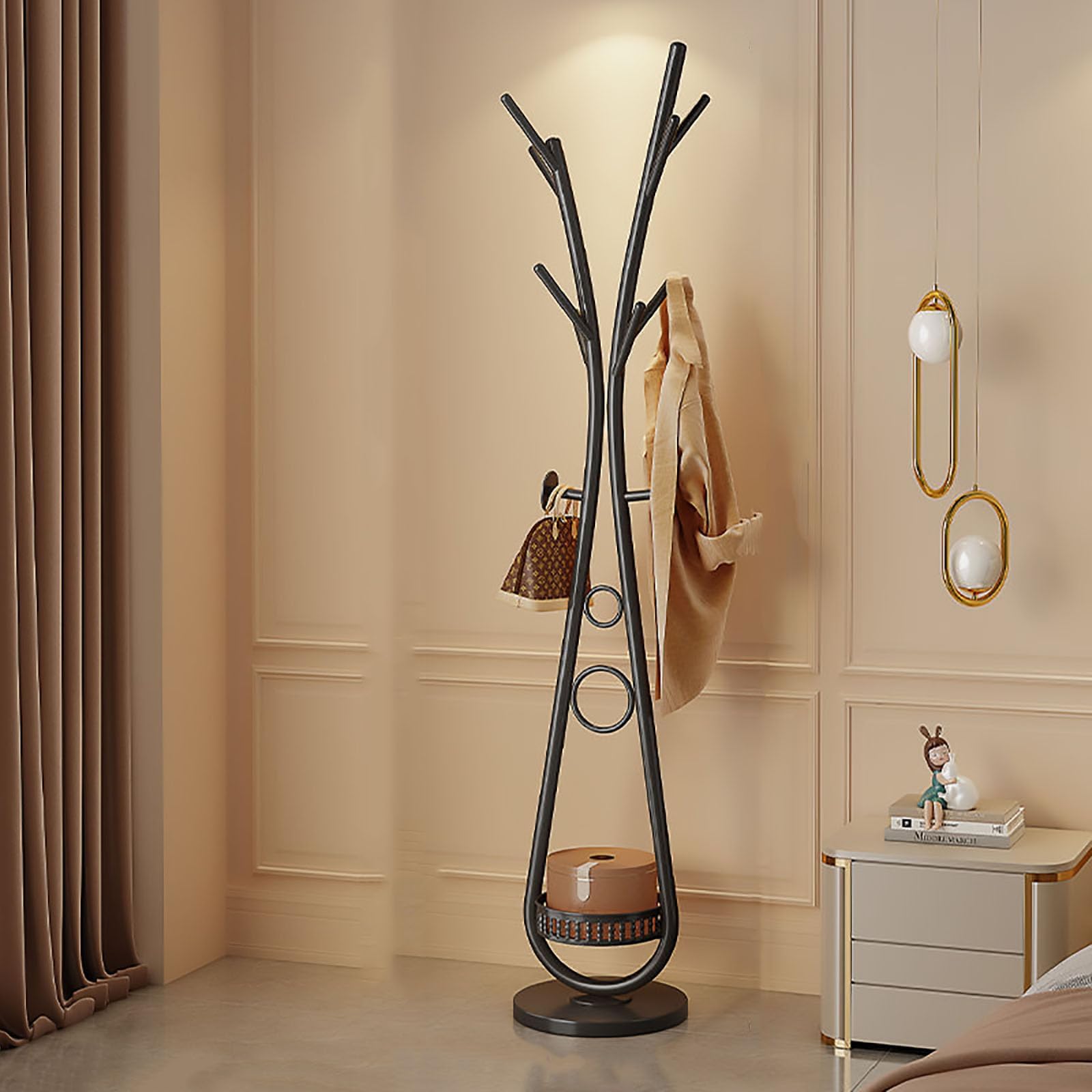 SYLUOQP Cloakroom stand, free -standing cloakroom strip with 8 hooks and 3 adjustable size tree wardrobe for bedrooms, hallway, entrance, office, for hats, coats, scarves,Black