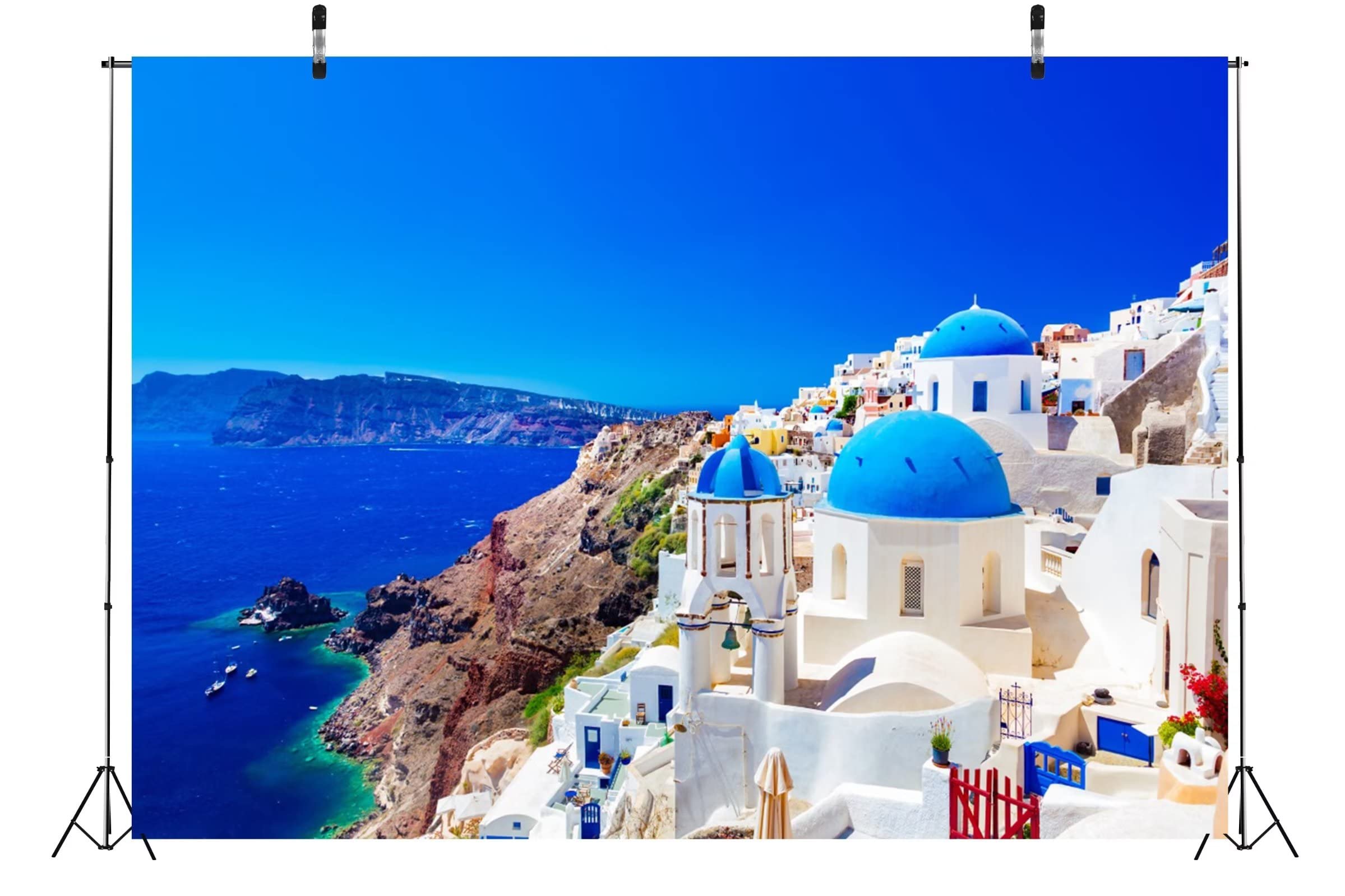 10x8ft Toile de Fond en Tissu pour Photo de Grèce, île de Santorin, Village d'Oia, Fond de Photographie pour bannière de fête sur Le thème de la Grèce, décoration d'anniversaire Mamma Mia