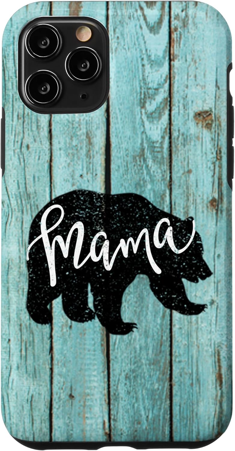 Turquoise Woodgrain Rustic Farmhouse Shiplap Wood Mama Bear Case for iPhone 11 Pro