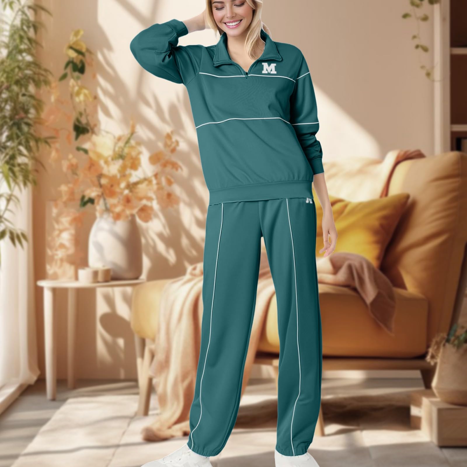 Generico Tuta Termica Donna Inverno,Felpa Casual Da Donna Con Stampe Sportive E Lettere Tinta Unita Per Il Tempo Libero In Due Pezzi Per Autunno E Inverno