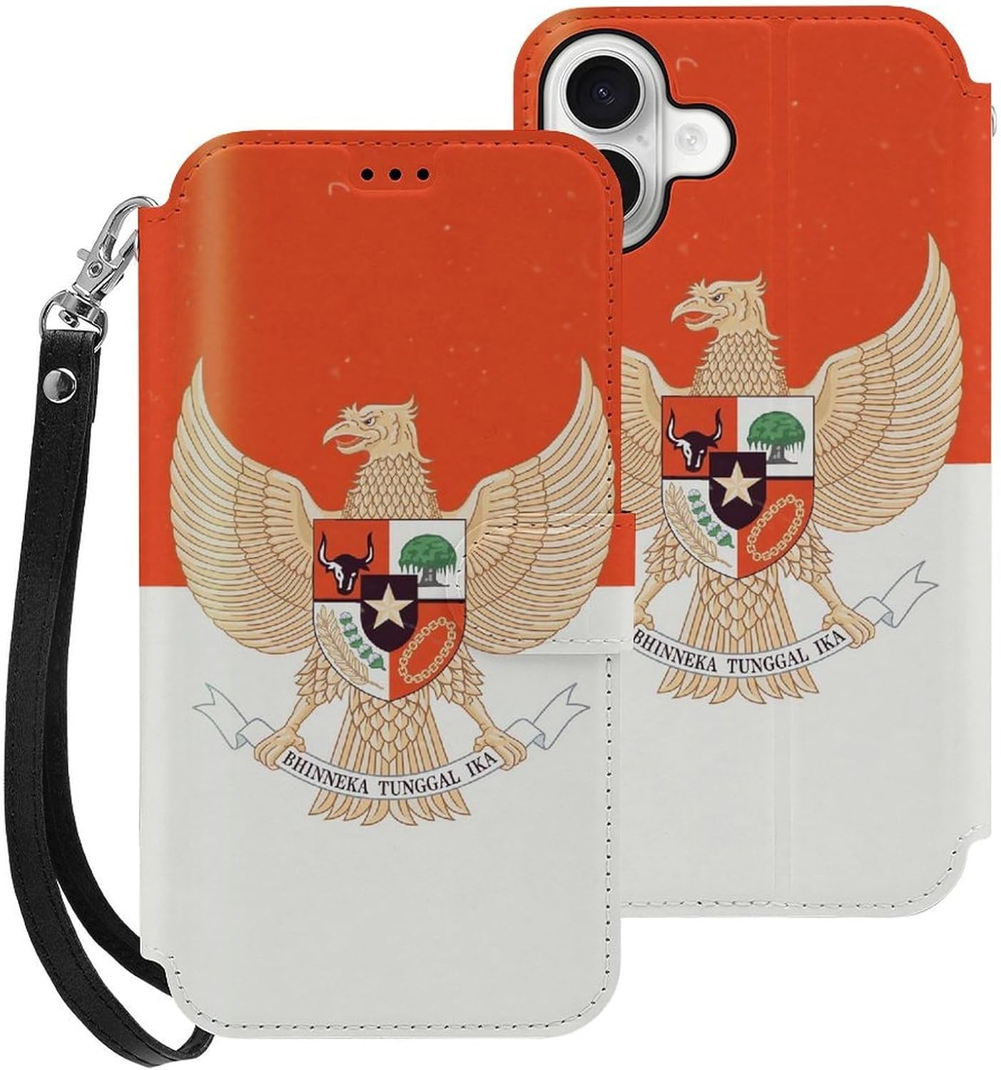 Vintage Indonesian Flag Indonesia Emblem Compatible with iPhone 16/16 Plus/16 Pro/16 Pro Max/16 E Case Phone Wallet Card Holder Flip Cover with Wrist Strap