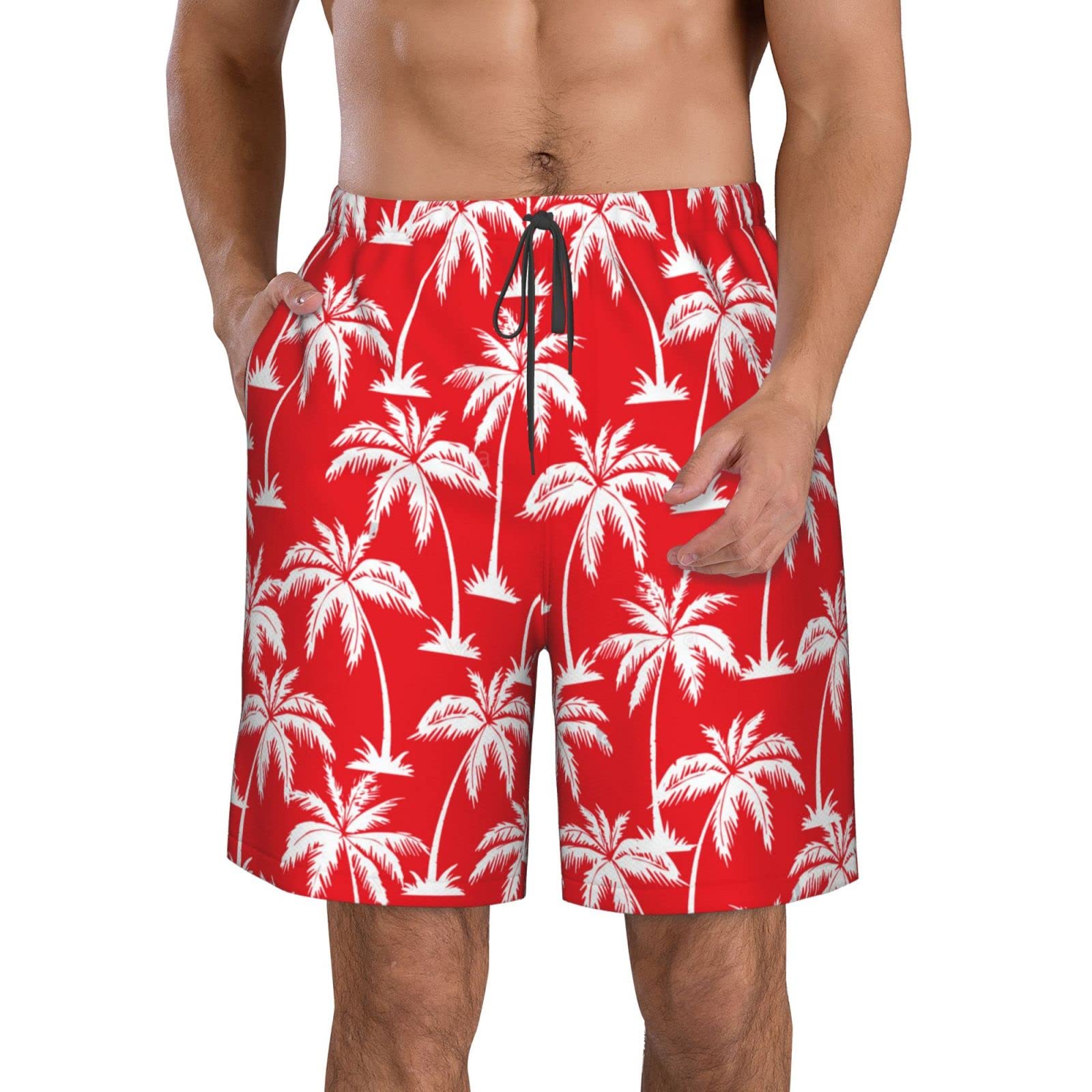 JUZGTSIT Men's 3D Swimming Beach Shorts Red White Hawaiian Palm Trees Outdoor Quick Drying Shorts
