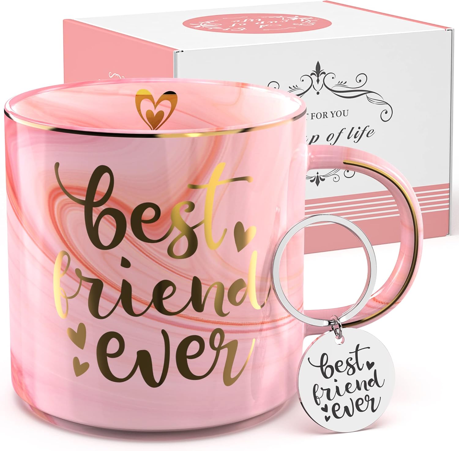 BFF Friend Gifts for Women - Pink Ceramic Marble Coffee Mug Cup 11.5oz w/ Keychain - BFF Friend Ever - Funny Friendship Gifts for Women - Novelty Present - Holiday Gifts for BFF, Besties, Sister, Her