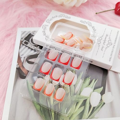 Miniatura 3 de Uñas postizas cuadradas a presión, cortas, bonitas, con punta francesa, arcoíris, uñas postizas acrílicas con diseños coloridos, uñas postizas