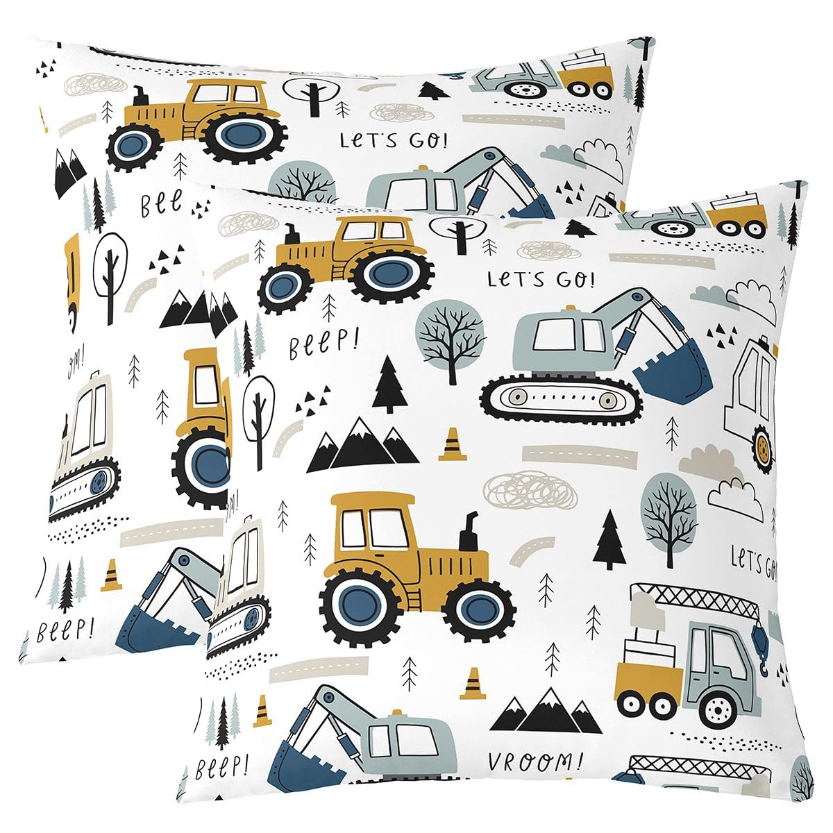 Construction Throw Pillow Covers for Couch Sofa Bed,Set of 2 Cartoon Equipment Trucks Decorative Pillows Cushion Covers,Car Excavator Tractor Vehicles