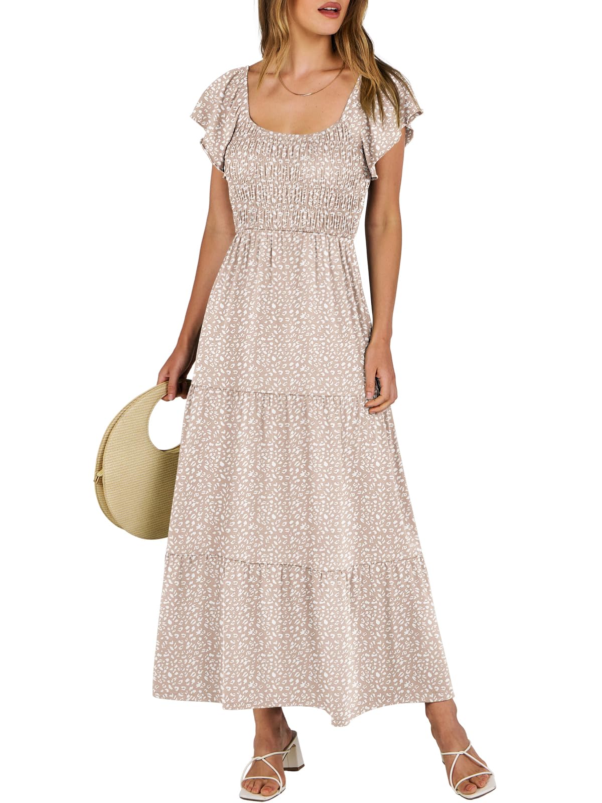 ANRABESSWomen’s Casual Summer Maxi Dress Flutter Short Sleeve Scoop Neck Smocked A Line Flowy Beach Vacation Long Dresses