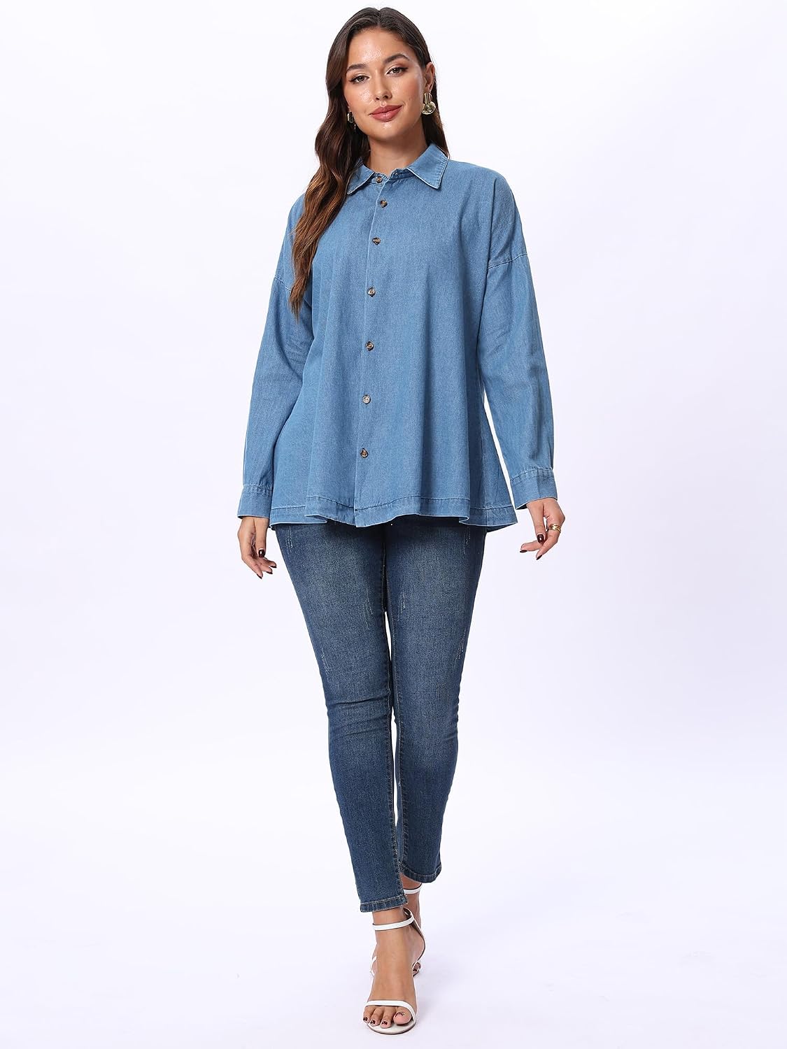 SUNNOW Women's Angled-to-Front Side Seam Denim Shirt Long Length Button Down Tunic Top with Collar