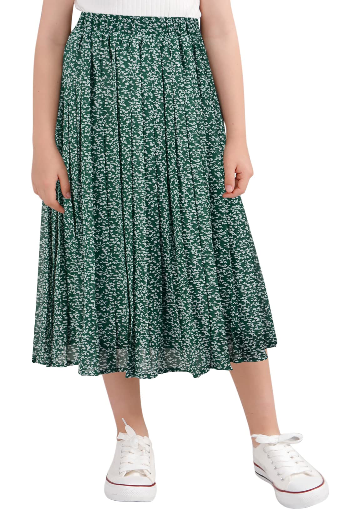 GORLYA Girls Chiffon Pleated Elastic High Waist A-Line Boho Swing Maxi Long Skirt 4-14T