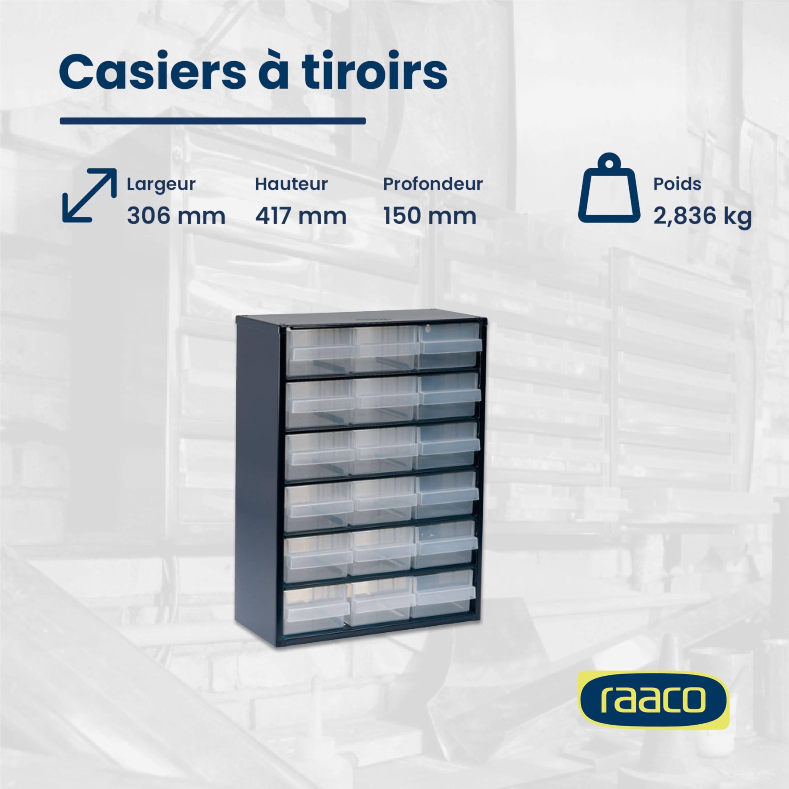 raaco Casiers à Tiroirs C9-18, avec 18 Tiroirs en Plastique, Charge 20 kg, 15 x 30.6 x 41.7 cm, Montable au Mur, pour Rangement Garage & Atelier, Rangement Visserie Atelier