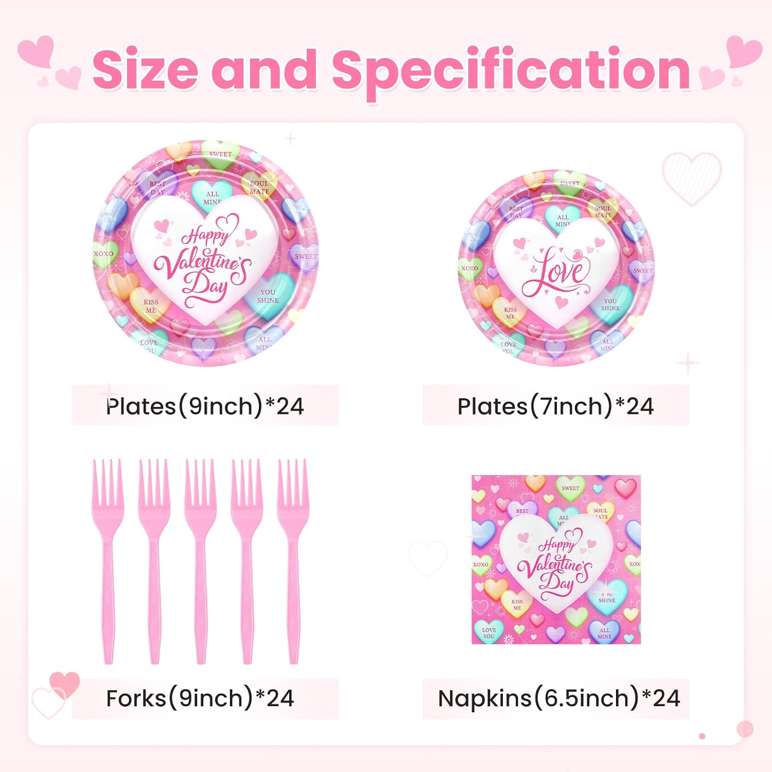 Avezano 96 pcs Valentines Plates and Napkins Disposable Happy Valentine's Day Paper Plates Conversation Hearts Tableware Serve 24, Pink