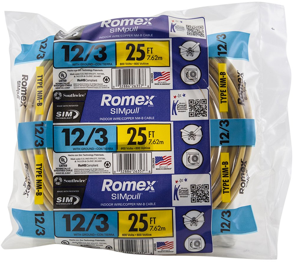 Southwire Romex Brand Simpull Solid Indoor 12/3 W/G NMB Cable 25ft coil ...
