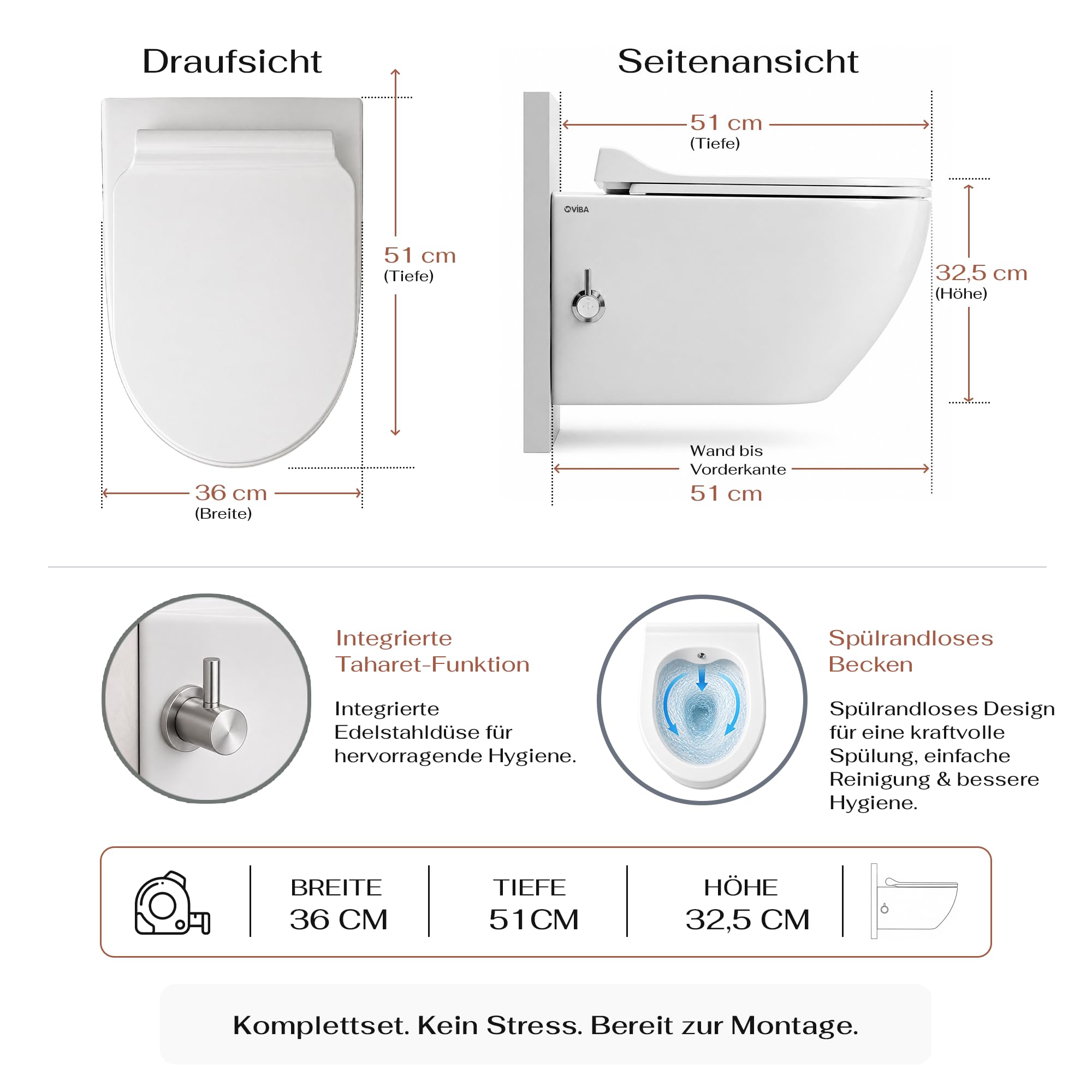 VIBA Sua Hänge Dusch WC integrierte Warm- und Kaltwasser Armatur SPÜLRANDLOS Taharet Bidet Taharat Intimdusche inkl. Slim Soft-Close Deckel