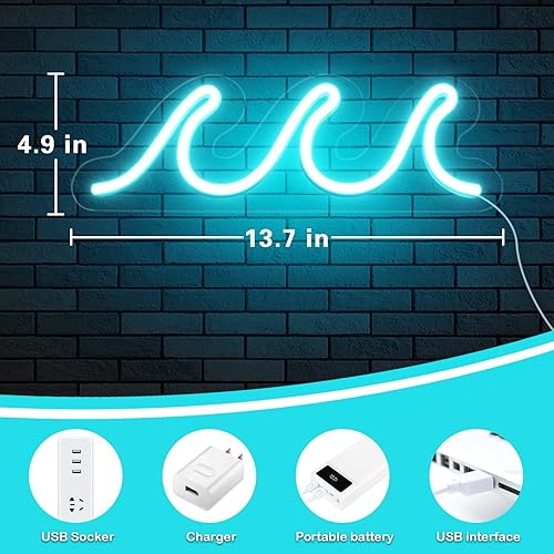 Miniatura 6 de Letreros de neón ondulados para dormitorio, letreros de neón LED azul hielo para decoración de pared, luces nocturnas alimentadas por USB con