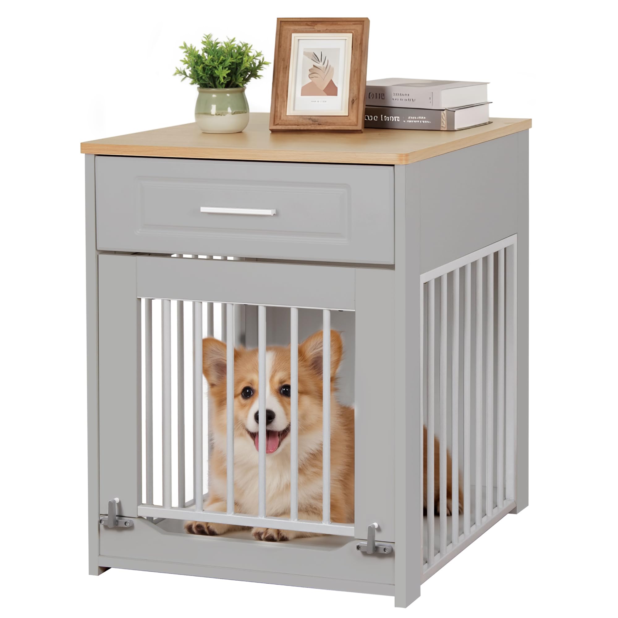 DAWNYIELD Dog Crate for Small Dog, Dog Crate Furniture with Lockable Door, Wooden Dog Cage with Flip-Up Door and Drawer, Indoor Puppy Kennel End Side Table, Decorative Puppy House, Grey