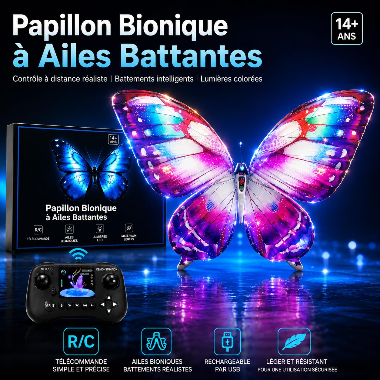 Drone ornithoptère papillon bionique radiocommandé avec capteurs 2.4 GHz jouet insecte volant fait main avec éclairage LED 3 piles plus de 15 minutes de vol pour débutants et adultes