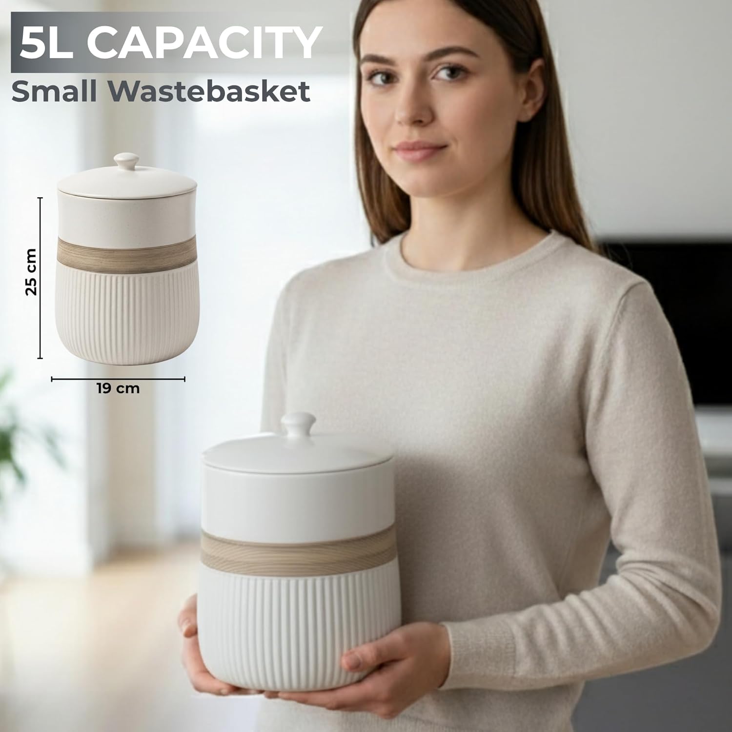 Escenzy Luxury White Bathroom Trash Can with Lid 5L | 7" x 10" | Modern Ceramic Trash Can | Decorative Waste Basket for Bathroom, Bedroom, Kitchen, Hotels or Living Room Decor | Ideal Gift