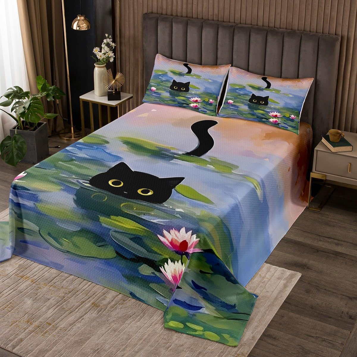 Erosebridal Black Cat Quilted Twin Size Lotus Animal Bedspread for Kids Boys Girls Kawaii Swimming Cute Floral Green Black Quilted Coverlet Soft Luxury Coverlet Set