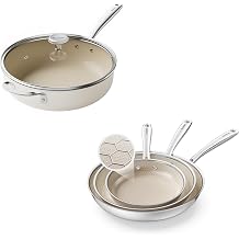 Redchef Ceramic Saute Pan with Lid, Nonstick 3PCS Frying Pan, 5QT Jumbo Cooker with Helper Handle & Lid, Non Toxic Ceramic Cooking Pan, Chef Pan, Dishwasher & Oven Safe, PFAS PFOA & PTFE Free