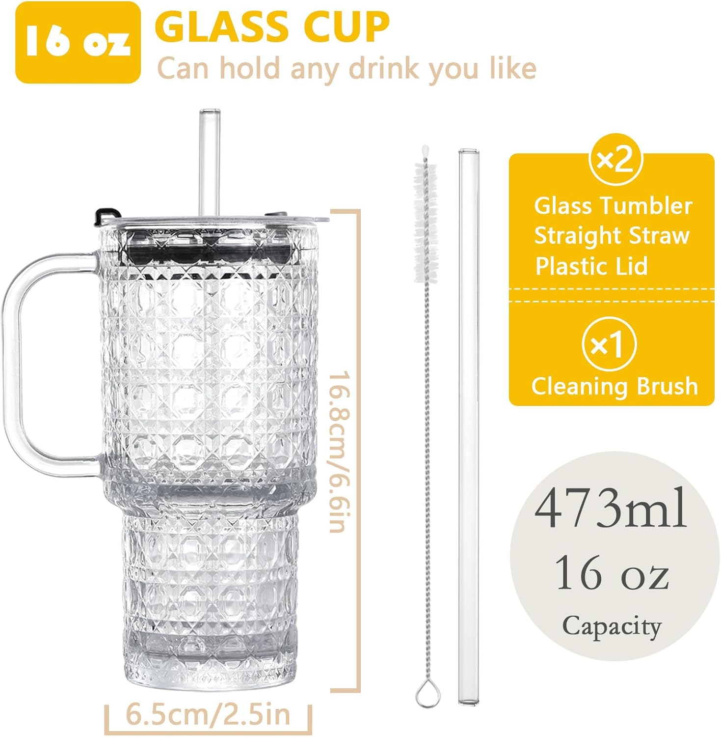 16 Oz Glass Tumbler Cup With Handle, 2 Pack Iced Coffee Cup For Cold/Hot Drinks, Modern Coffee Mug Mason Jar For Smoothies, Juice, Coffee, Tea - Image 2