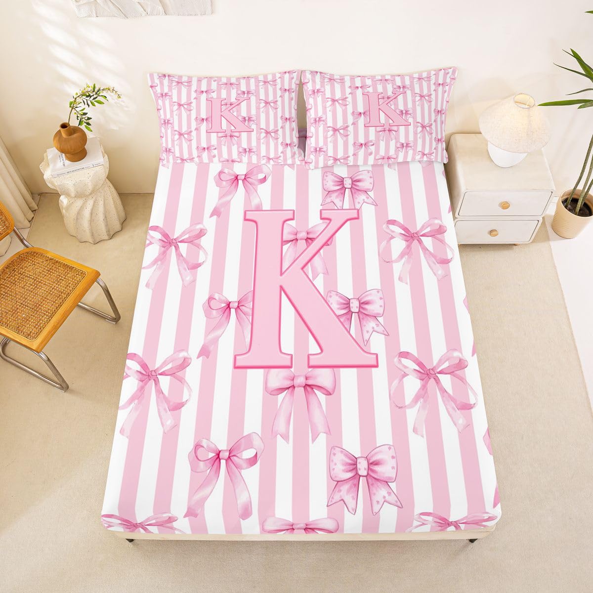 Homewish Paski różowe kawaii inicjał litera K alfabet kokarda zestaw pościeli podwójna marzycielska księżniczka prześcieradła kokardka pościel - ciepła miękka pościel zestaw pościeli 4 sztuki