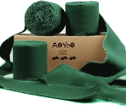 3 Rolls Dark Green Handmade Chiffon Ribbon, 1.5" x 21Yd Frayed Fringe Silk Ribbons for Wedding Invitations, Bridal Bouquets, Gifts Wrapping Crafts Decorations