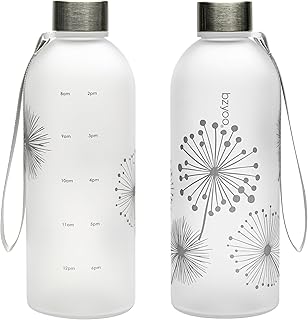 bzyoo 32oz 1 Liter Clear Water Bottle with Time Marker, Dandelion Design, Durable Plastic, BPA-Free, Reusable with Measurement Markings for Fitness and Outdoor Activities (Color: Silver)