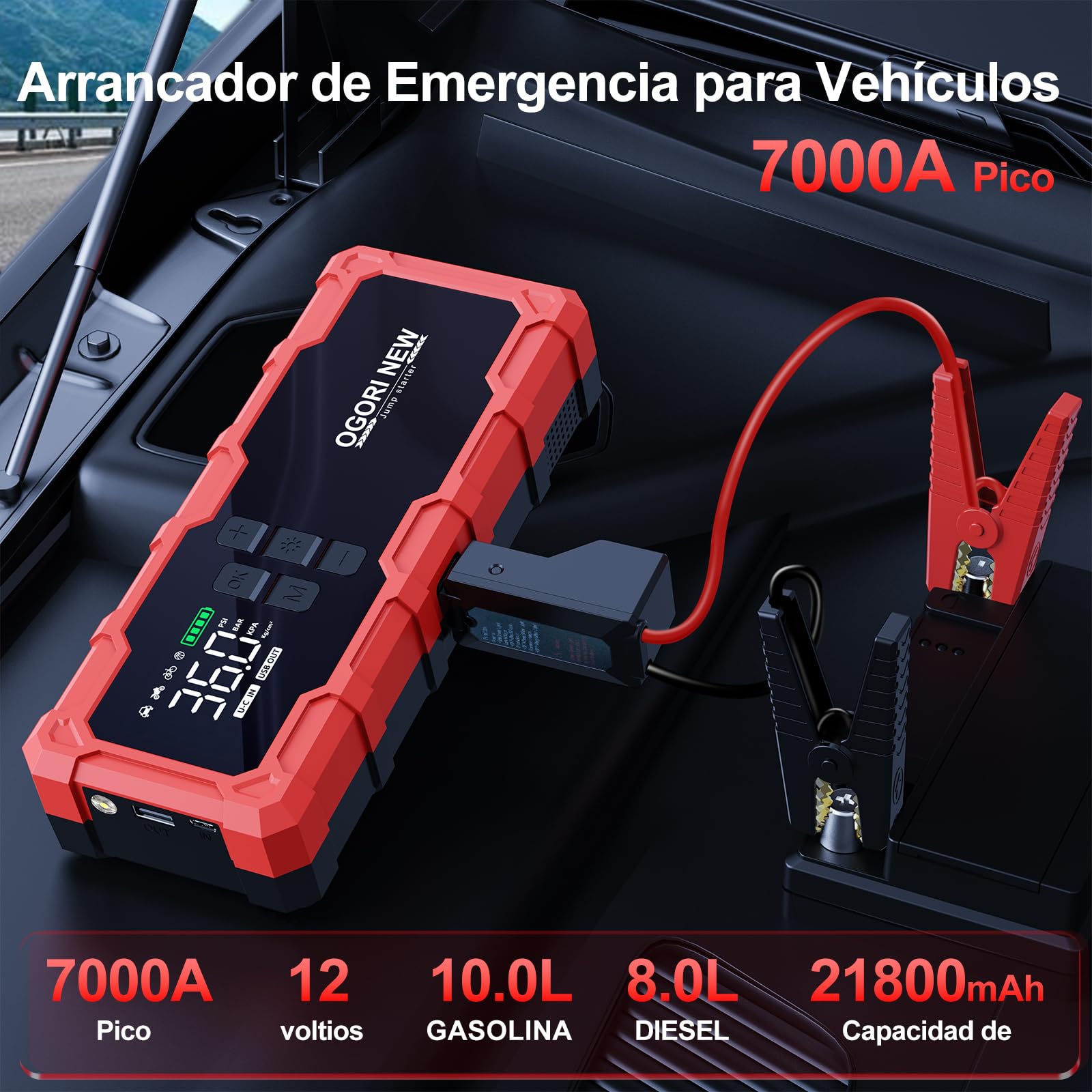 Arrancador de Baterias de Coche 7000A,Compresor Aire portatil 150 PSI,Arrancador de Coche 12V(para 10L de Gasolina o 8L de Diésel) con Pinzas de Seguridad Inteligentes y luz LED