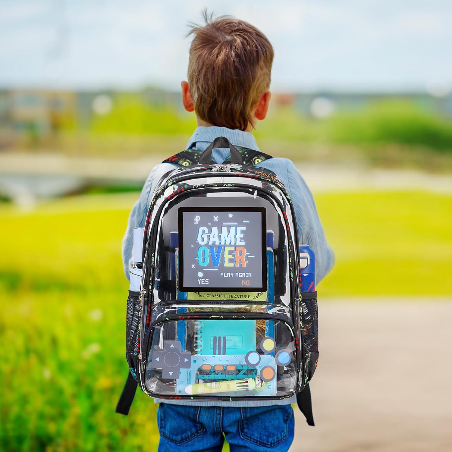 Scothen Clear Backpack for Boys, Clear Gamer School Backpack Heavy Duty with Lunch Bag and Pencil Case, Transparent See Through Bookbag Stadium Approved for Teen Boy Kids Elementary Middle High School