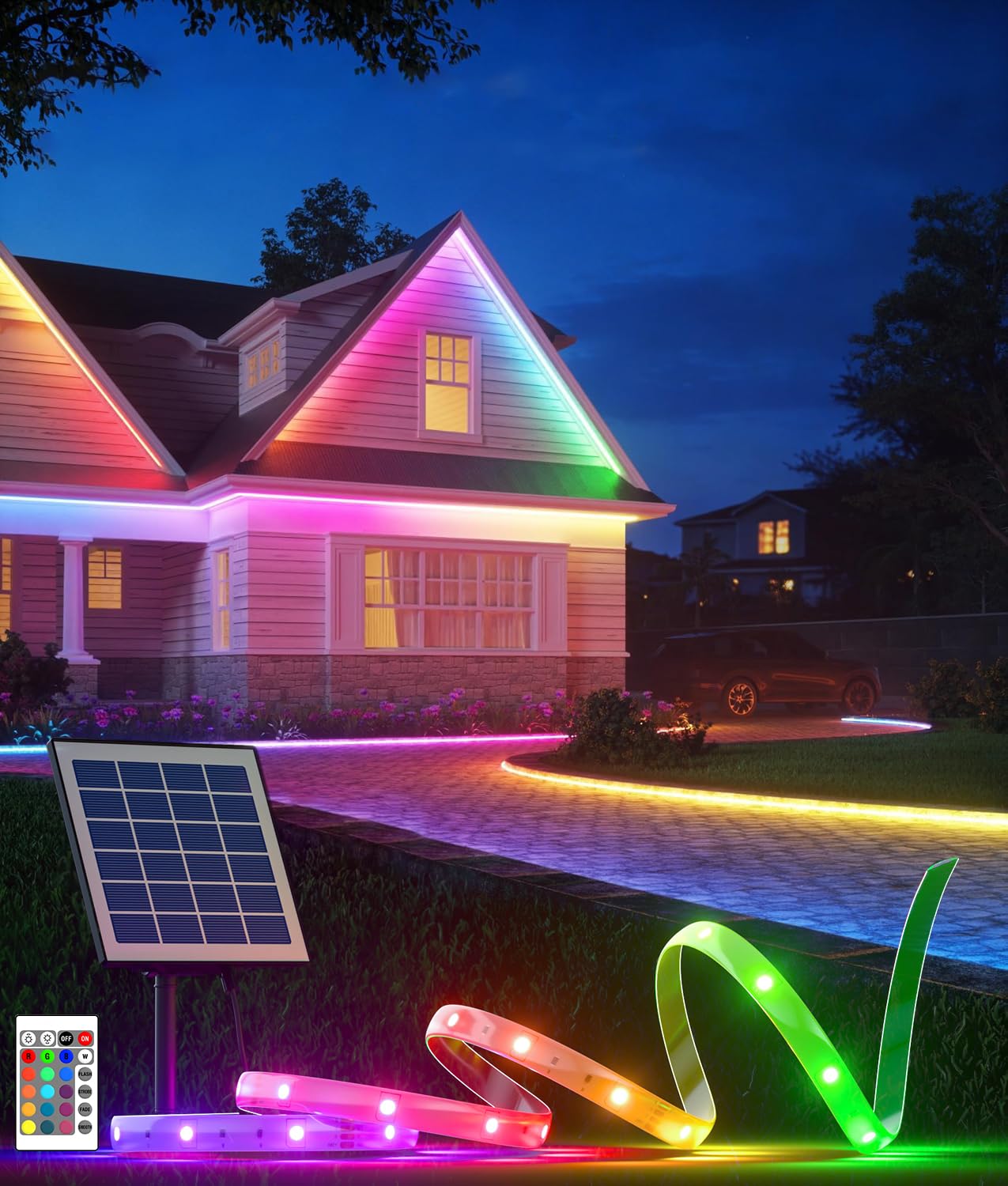 15 m RGB-Solar-LED-Lichtstreifen, warmweiß, für den Außenbereich, wasserdicht, selbstklebend, automatisches Ein-/Ausschalten, 16 Farben und 4 Modi, mit Fernbedienung, ideal für Terrasse
