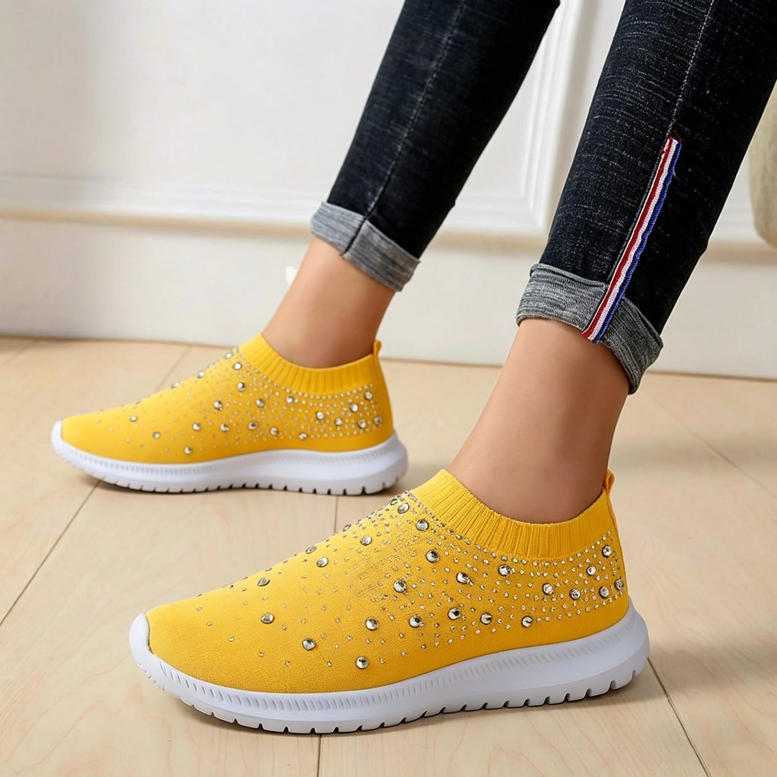 Scarpe da ginnastica da donna glamour con strass a maglia, senza lacci, con strass, per vacanze, crociere e feste