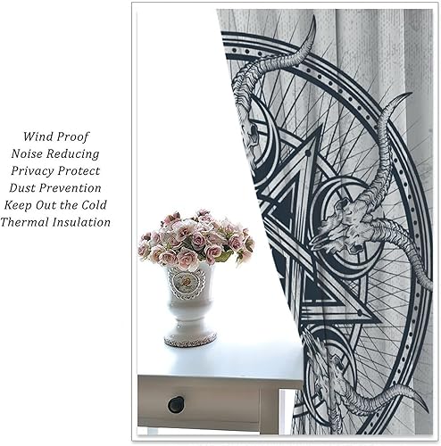 Vista 408 de Cortinas de cabeza de cabra, misteriosa cabeza de cabra malvada, calavera negra, bolsillo para barra, cortinas opacas para ventana, juego de 2