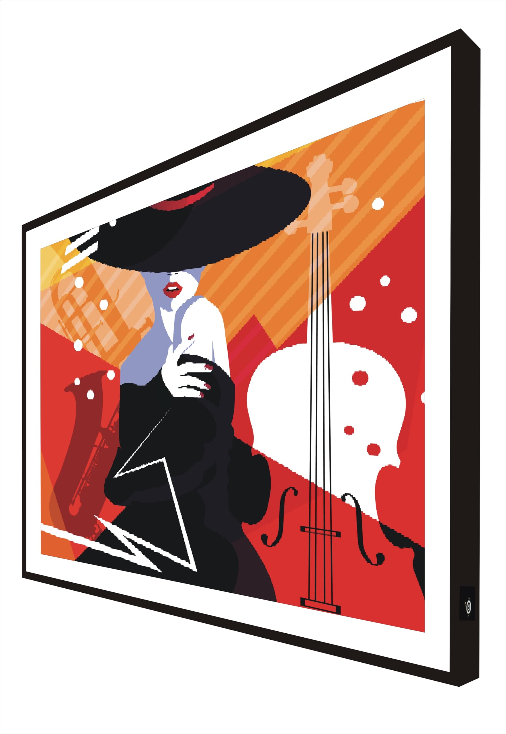 Tableau Pop Art Jazz avec cadre bois noir et éclairage LED intégré pour salon