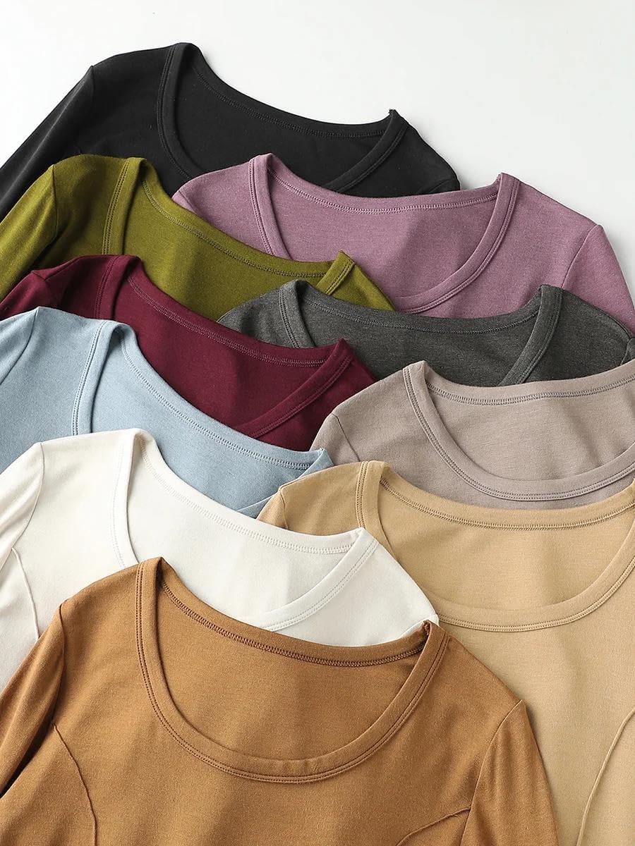Women's Wool Blend Crop Top O-Neck Long Sleeve Slim Fit Thermal Tee