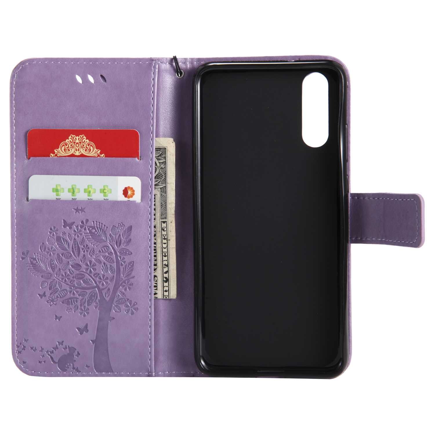 Cover Portafoglio In Pelle PU Con Stampo Gatto E Albero Per Huawei P20 - Custodia A Libro Con Slot Portatessere E Interno TPU Antiurto Grigio