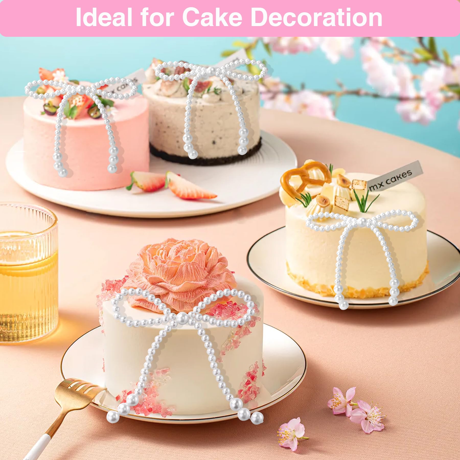 10 Pcs Pearl Bow Cake Toppers, 4.3x3.9 Inches Pink Pearl Beaded...