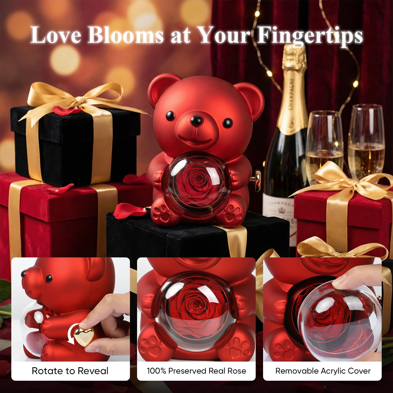 Cute Teddy Bear with Preserved Rose, Real Eternal Rose in Bear with Elegant Gift Box, Romantic Keepsake for Her – Anniversary, Birthday, Valentine’s Day, Weddings & Mother’s Day (Red)
