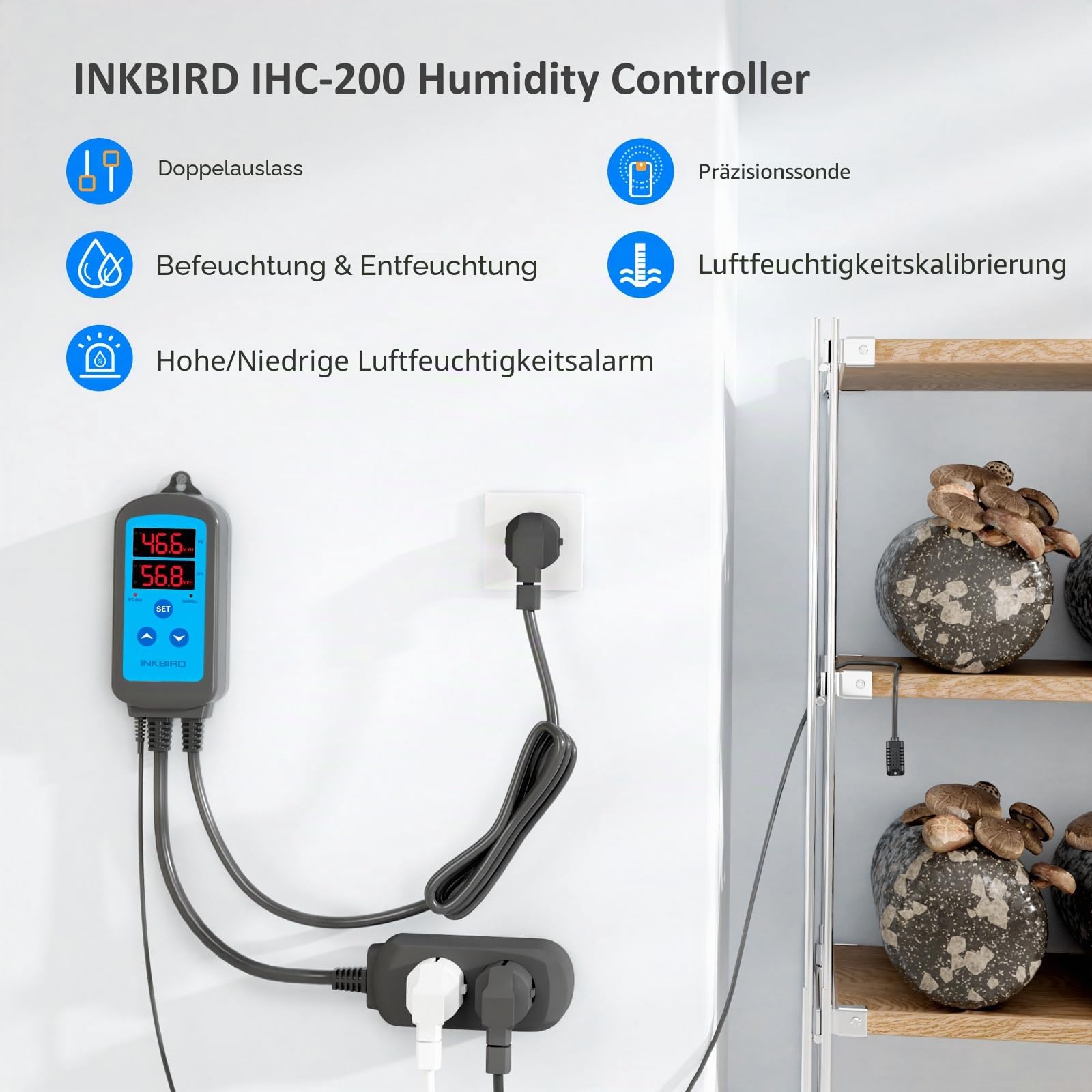 Inkbird IHC-200 Feuchtigkeitsregler 220V Play und Plug Hygrostat,Luftbefeuchter Luftentfeuchter für Pilz Gewächshaus Terrarium