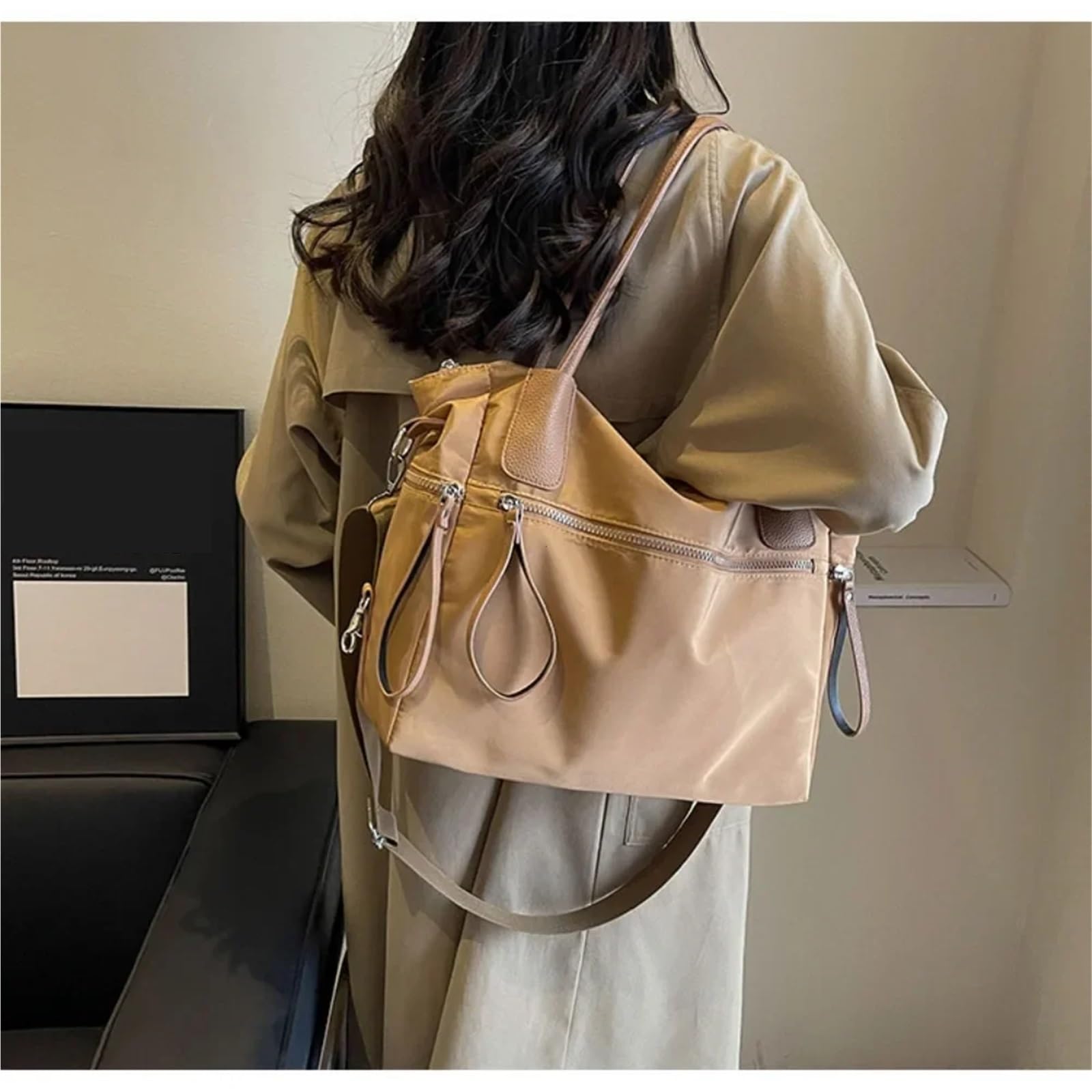 Bolsa De Lona para Mujer Bolso de Lona de Nailon for Mujer, Bolso de Mano Informal de otoño e Invierno, Bandolera de Hombro Grande Bolsas De Tela De Lona Ligera(Coffee)