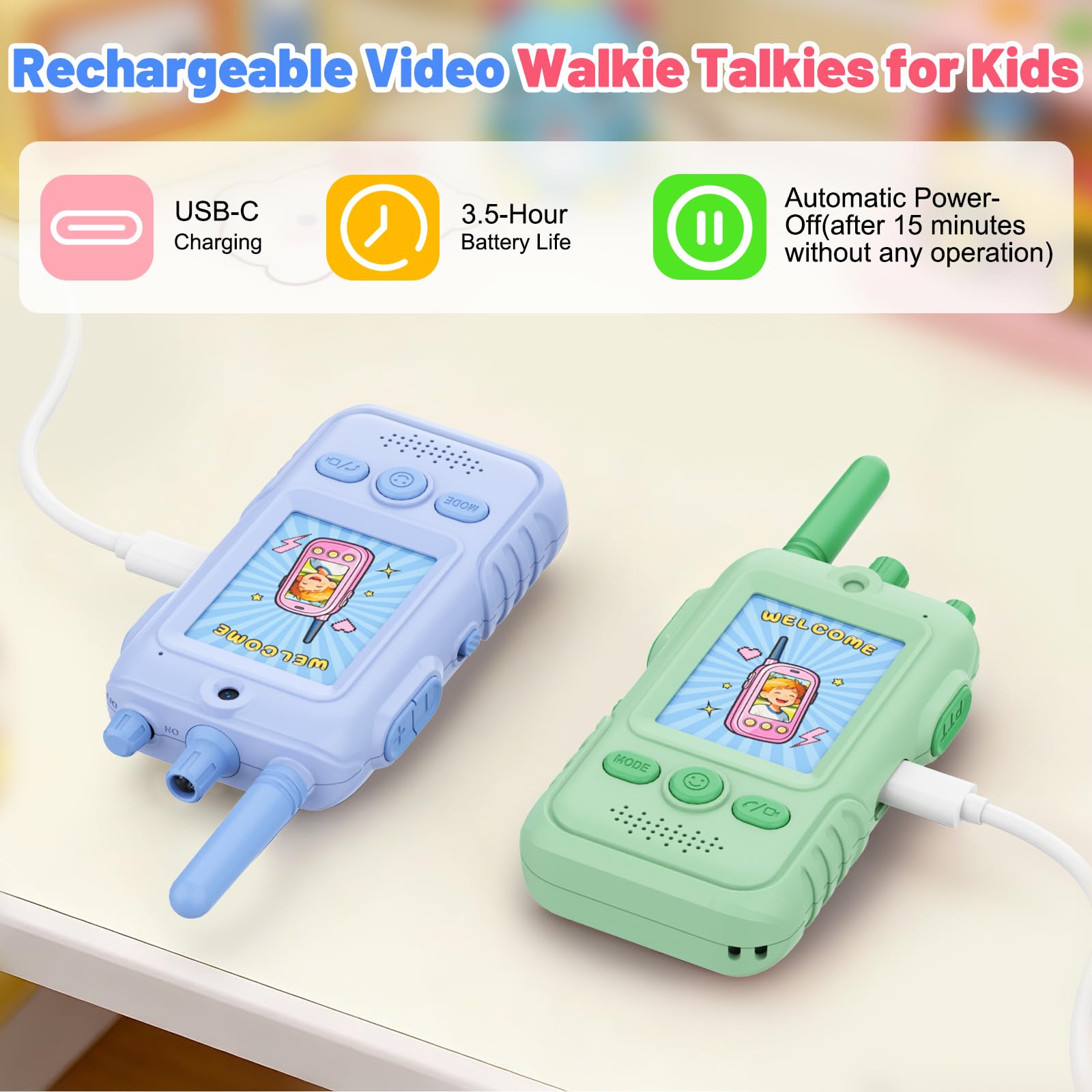 Talkie Walkie Enfants avec Vidéo, 2 Talkies Walkies Rechargeable avec écran d'affichage, Vidéo & Caméra HD Talkie- Walki e Longue Portée, Cadeaux aux garçons et aux Filles âgés de 3 à 12 Ans